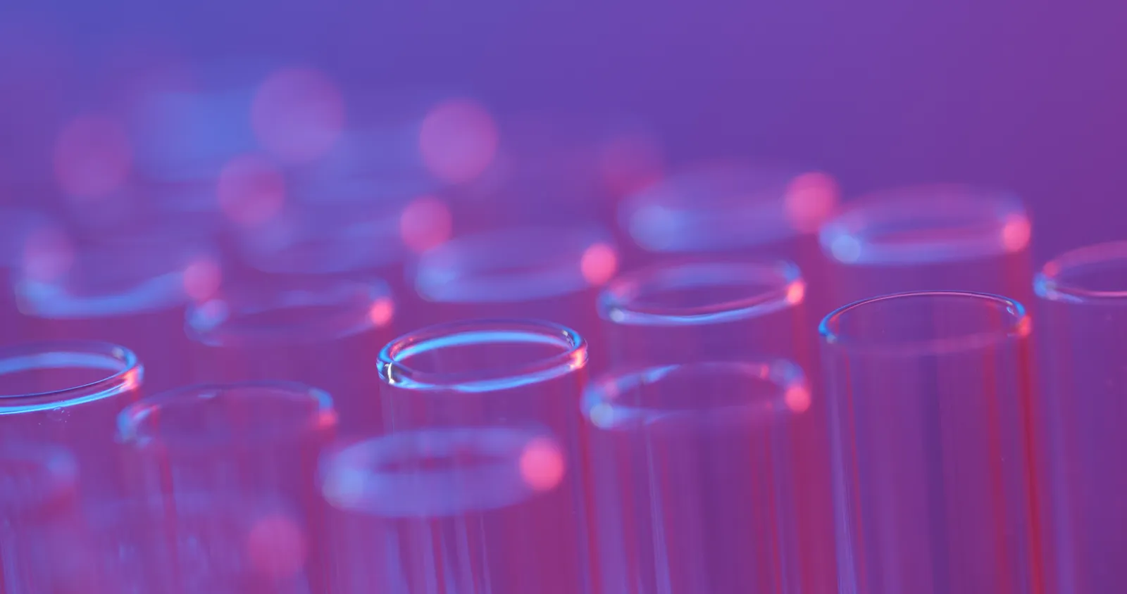 Close-up of empty glass test tubes under purple laboratory lighting