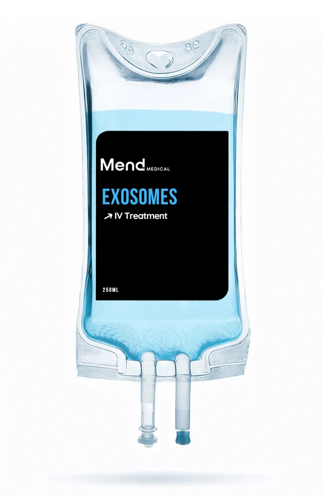 IV infusion bag labeled Exosomes containing pale blue solution with dual access ports