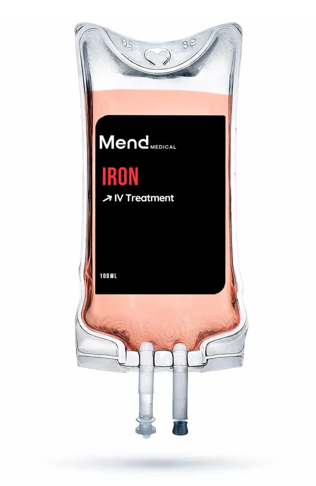 Clear IV infusion bag labeled Iron with pale pink solution and dual ports