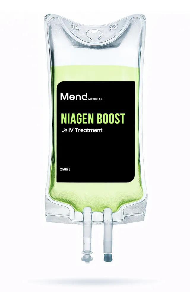 IV infusion bag labeled Niagen Boost containing pale green solution with dual access ports