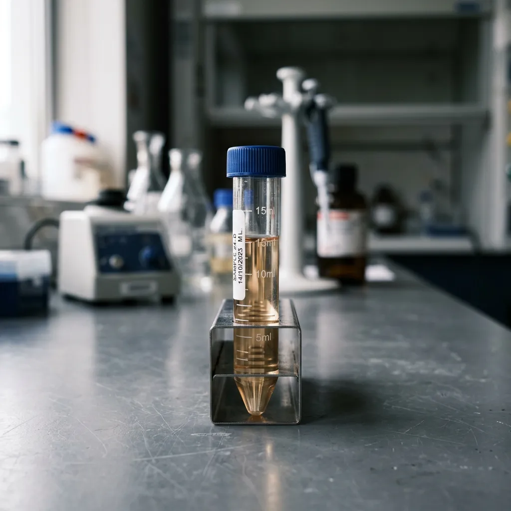 Labeled blood sample vial in a laboratory rack for advanced diagnostic lab testing at MEND Medical Care